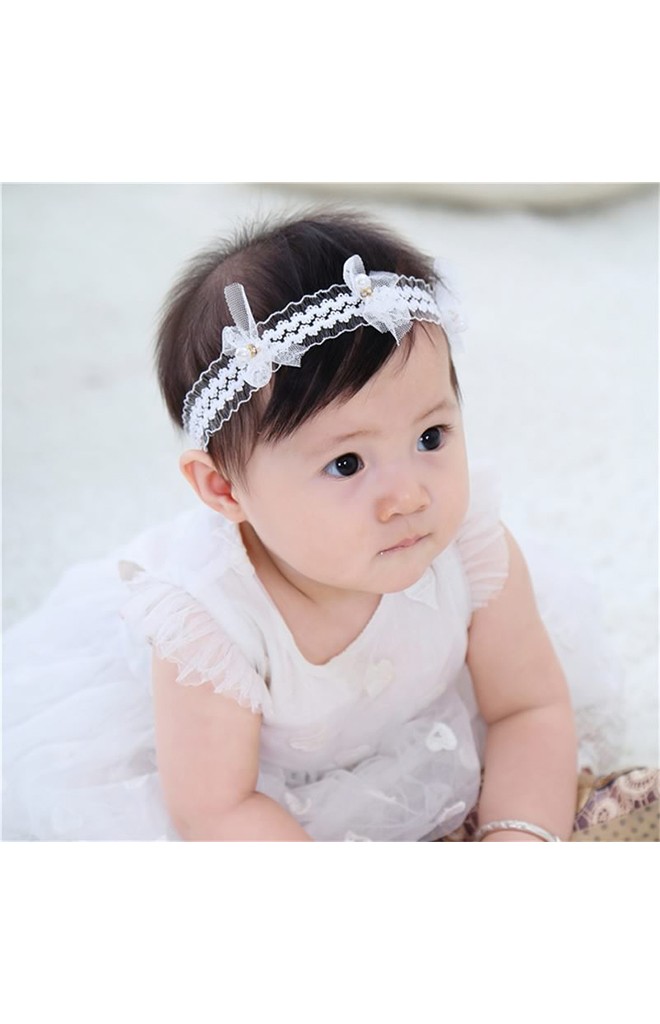 สายคาดผมลูกไม้สีขาวแต่งโบว์เล็กๆ 3 โบว์