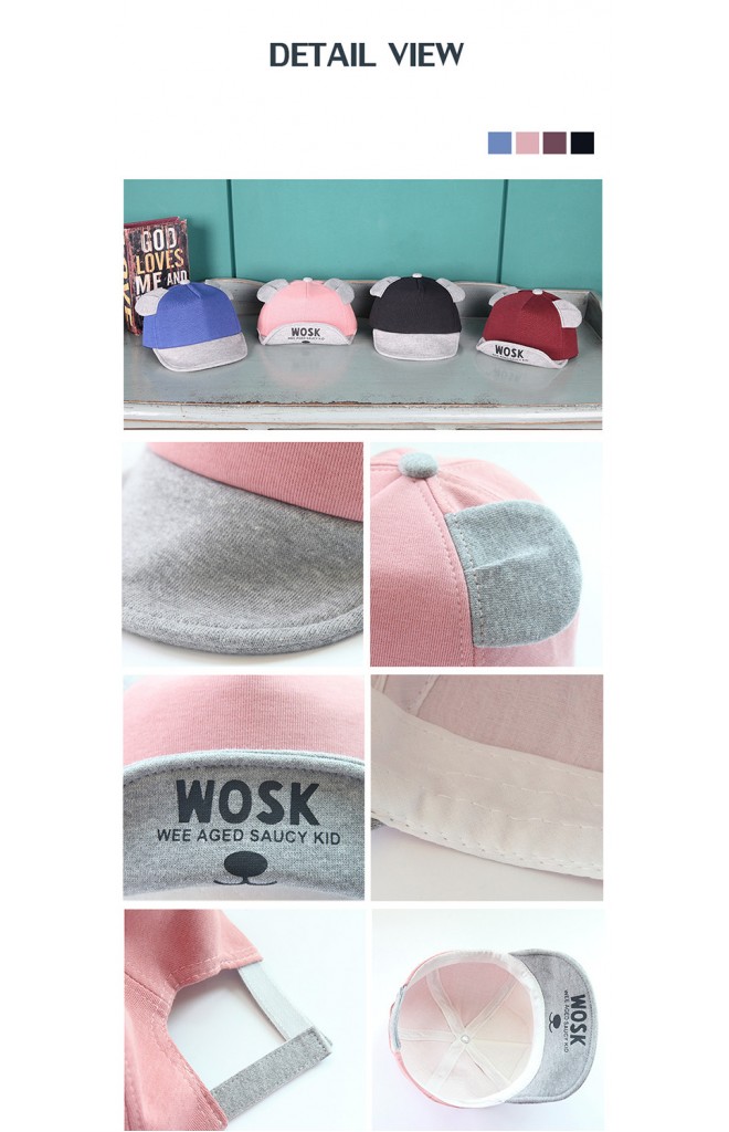 หมวกแก๊ปเด็กแต่งหู ใต้ปีกหมวกสกรีนหน้าหมีและอักษร WOSK