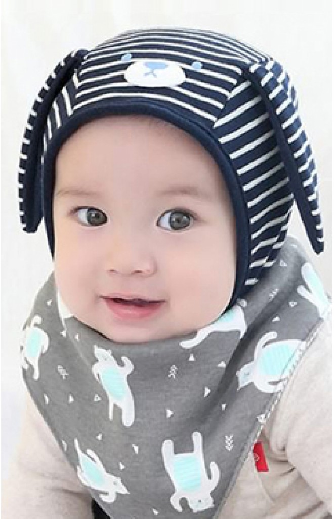 หมวกเด็กผูกคางลายทางสกรีนหน้าหมีแต่งหูยาวน่ารัก หมวกเด็กผูกคางลายทางสกรีนหน้าหมีแต่งหูยาวน่ารัก