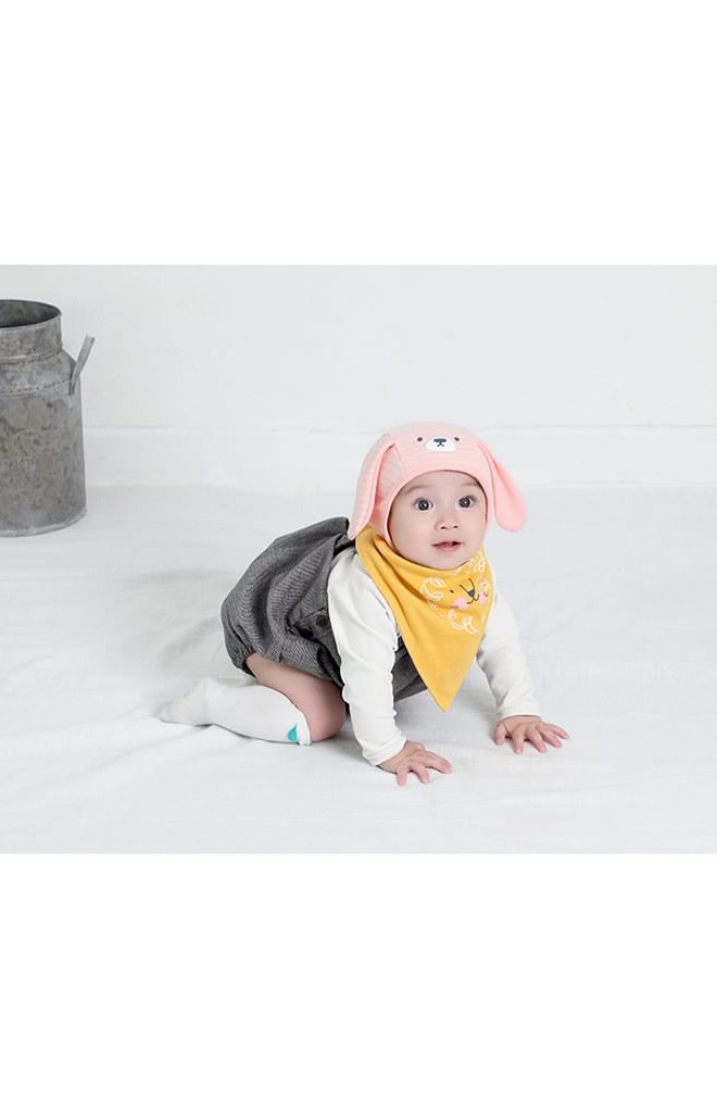 หมวกเด็กผูกคางลายทางสกรีนหน้าหมีแต่งหูยาวน่ารัก