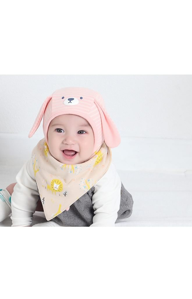 หมวกเด็กผูกคางลายทางสกรีนหน้าหมีแต่งหูยาวน่ารัก