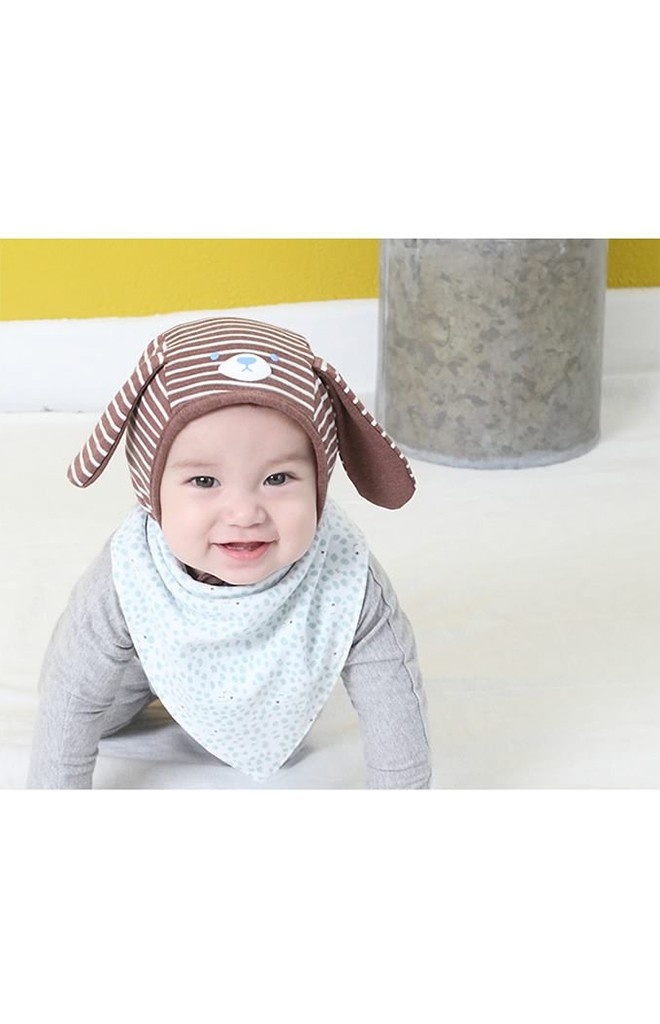 หมวกเด็กผูกคางลายทางสกรีนหน้าหมีแต่งหูยาวน่ารัก