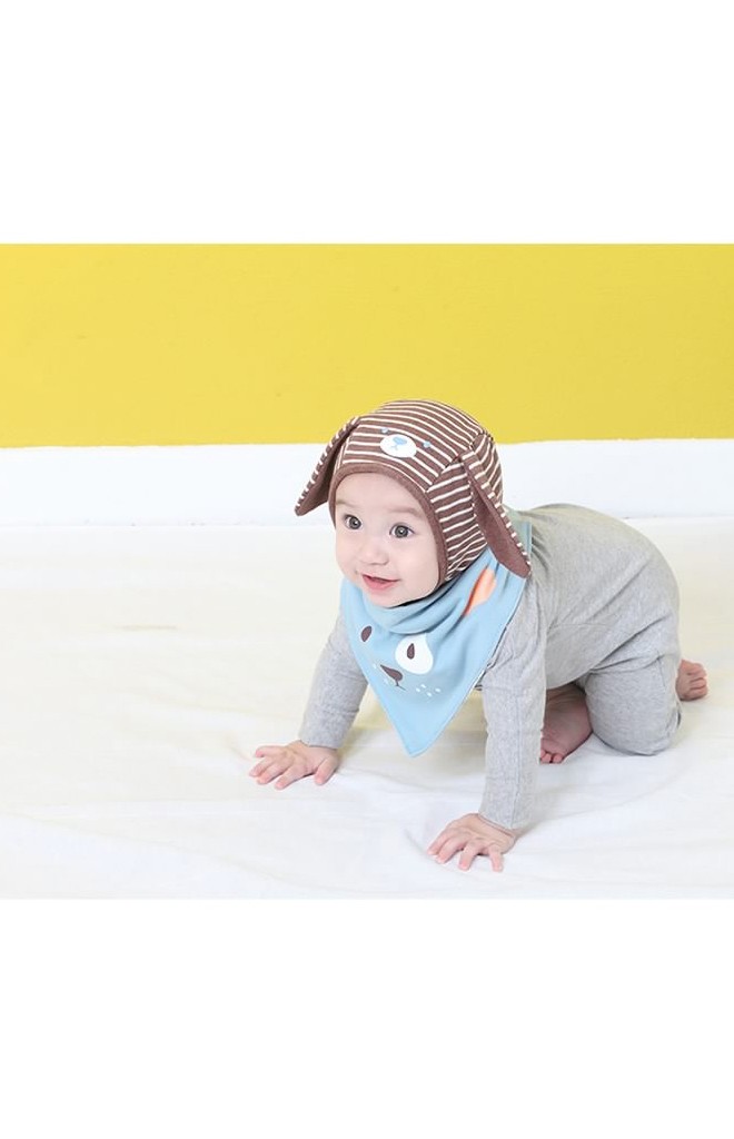 หมวกเด็กผูกคางลายทางสกรีนหน้าหมีแต่งหูยาวน่ารัก