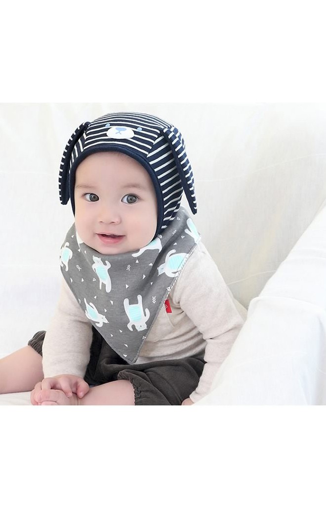 หมวกเด็กผูกคางลายทางสกรีนหน้าหมีแต่งหูยาวน่ารัก