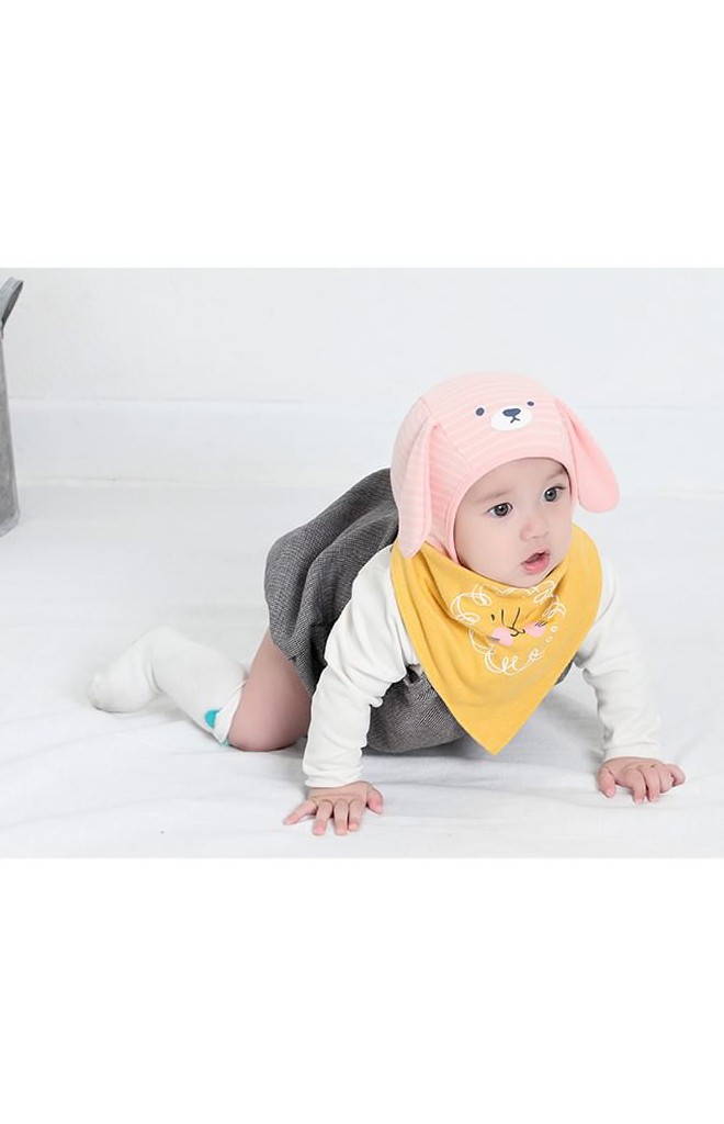 หมวกเด็กผูกคางลายทางสกรีนหน้าหมีแต่งหูยาวน่ารัก