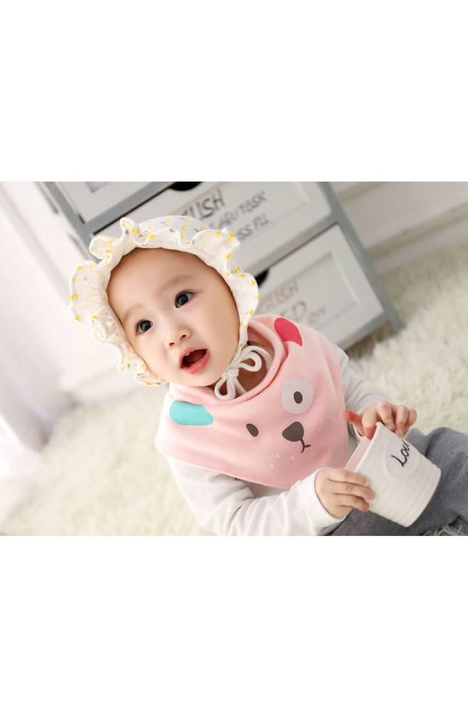 หมวกผูกคางเด็กลายดอกไม้ และ ลายสามเหลี่ยม ด้านหน้าระบายหวาน
