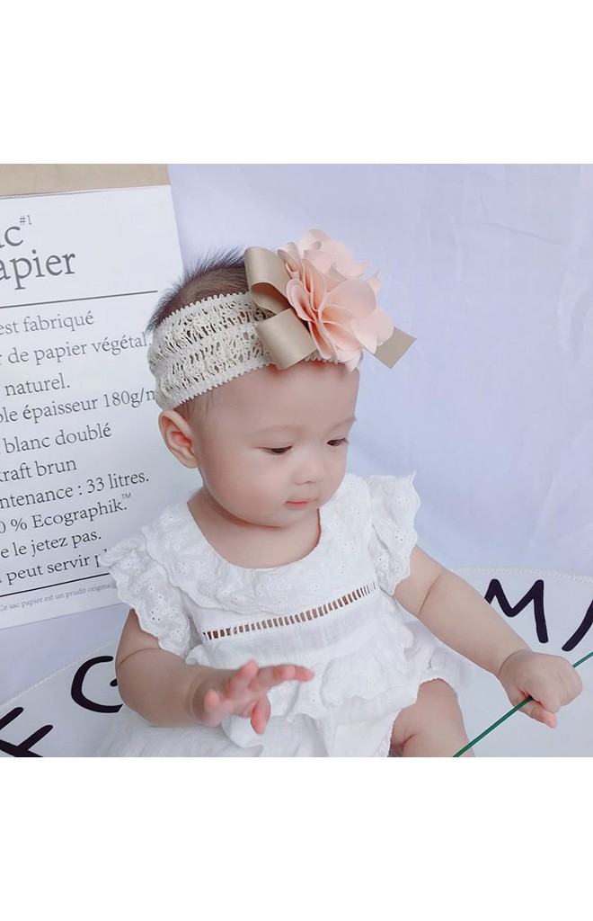 สายคาดผมดอกไม้สีส้มนู้ด สายลูกไม้ครีม