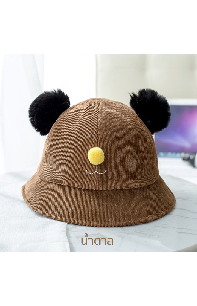 หมวก Bucket หน้าหมีผ้าลูกผูก แต่งหูปอมปอม KUKUJI