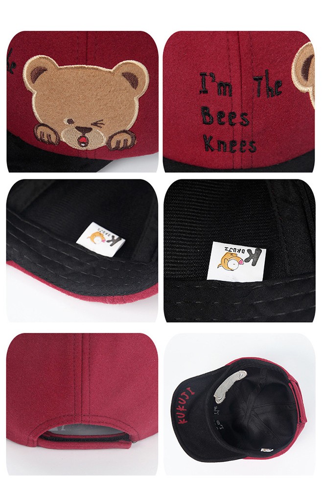 หมวกแก๊ปหมีน้อย ด้านบนแต่งปอมปอม KUKUJI