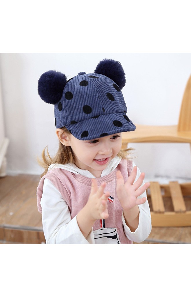 หมวกแก๊ปผ้าลูกฟูกลายจุดแต่งปอมปอมน่ารัก KUKUJI