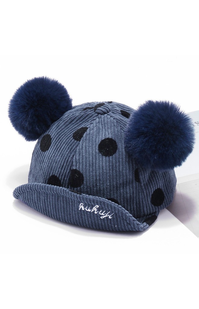หมวกแก๊ปผ้าลูกฟูกลายจุดแต่งปอมปอมน่ารัก KUKUJI