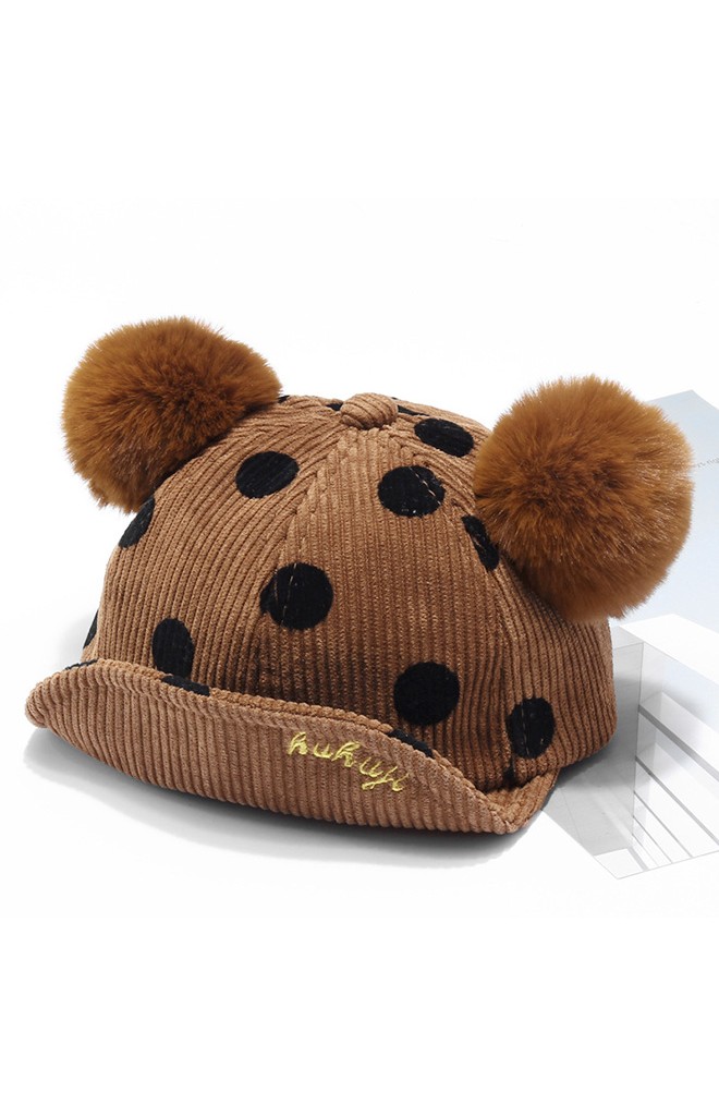 หมวกแก๊ปผ้าลูกฟูกลายจุดแต่งปอมปอมน่ารัก KUKUJI