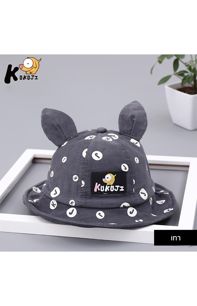 หมวก Bucket ผ้าลูกฟูกสกรีนอักษร K J แต่งหูจาก KUKUJI