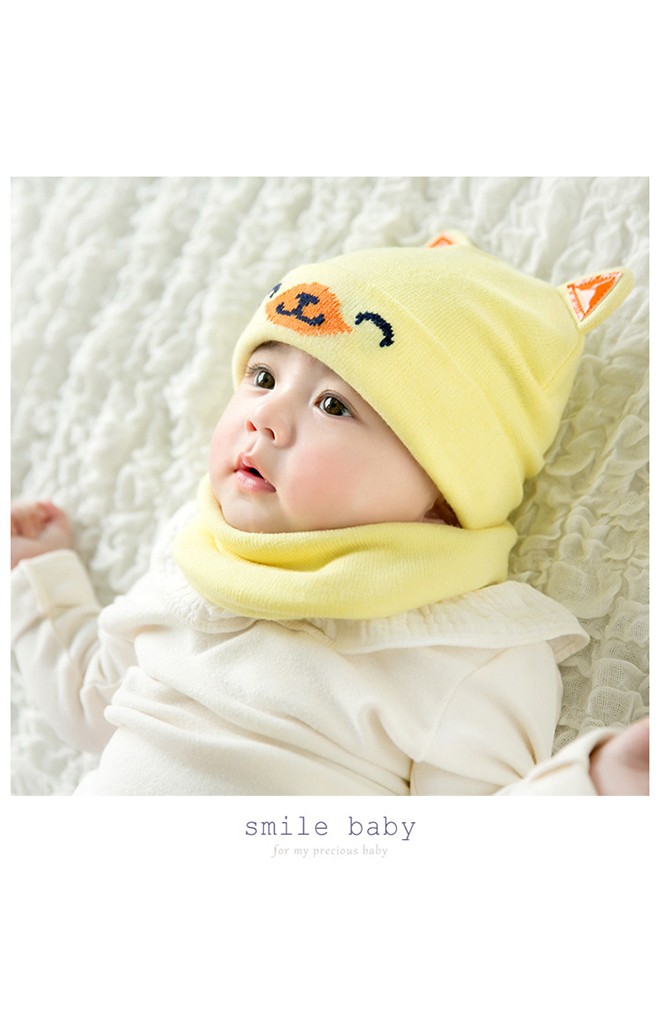 เซ็ตหมวกไหมพรมลายลูกสุนัขหูตั้งมาพร้อมผ้าสวมคอ GZMM