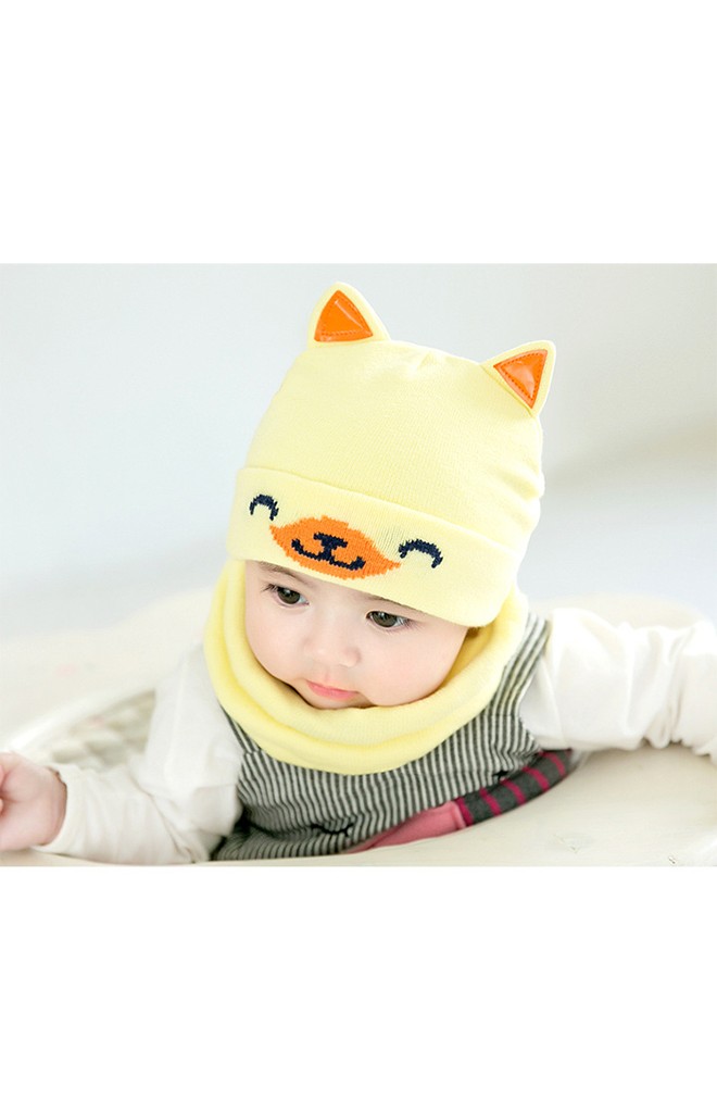 เซ็ตหมวกไหมพรมลายลูกสุนัขหูตั้งมาพร้อมผ้าสวมคอ GZMM