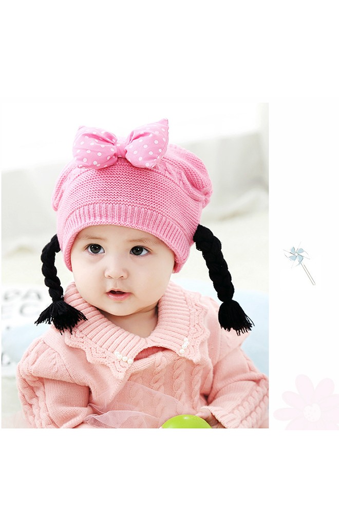 หมวกไหมพรมสาวน้อยแต่งโบว์นูนลายจุด เปียห้อยน่ารัก