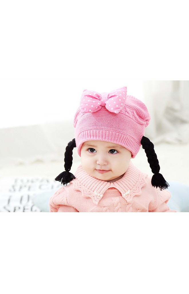 หมวกไหมพรมสาวน้อยแต่งโบว์นูนลายจุด เปียห้อยน่ารัก