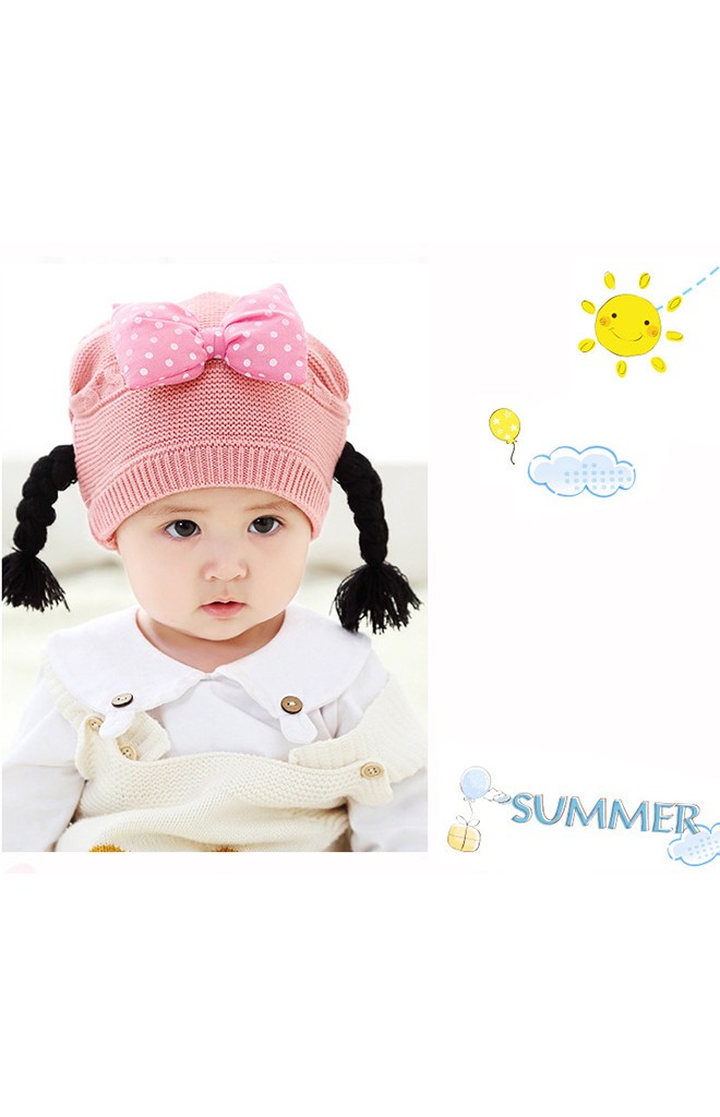 หมวกไหมพรมสาวน้อยแต่งโบว์นูนลายจุด เปียห้อยน่ารัก