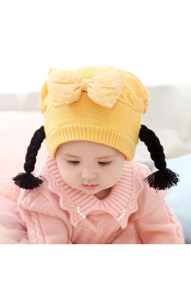 หมวกไหมพรมสาวน้อยแต่งโบว์นูนลายจุด เปียห้อยน่ารัก