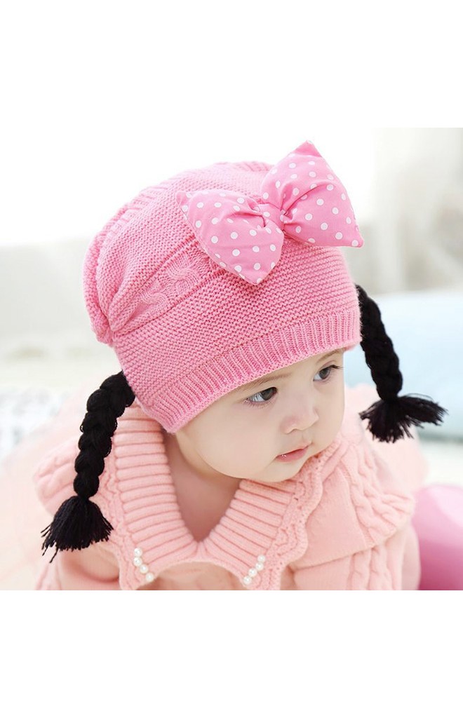 หมวกไหมพรมสาวน้อยแต่งโบว์นูนลายจุด เปียห้อยน่ารัก
