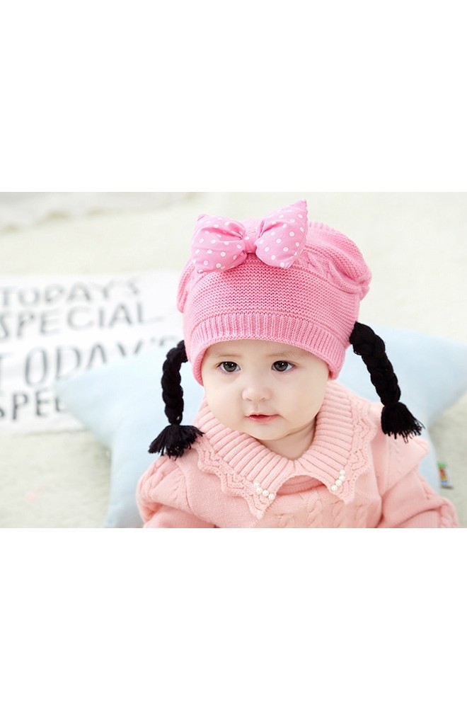 หมวกไหมพรมสาวน้อยแต่งโบว์นูนลายจุด เปียห้อยน่ารัก