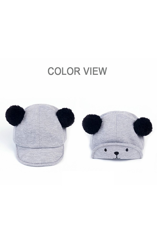 หมวกแก๊ปเด็กสีเทาแต่งปอมปอม ใต้ปีกหมวกปักหน้าหมีน้อย MILKY FRIENDS