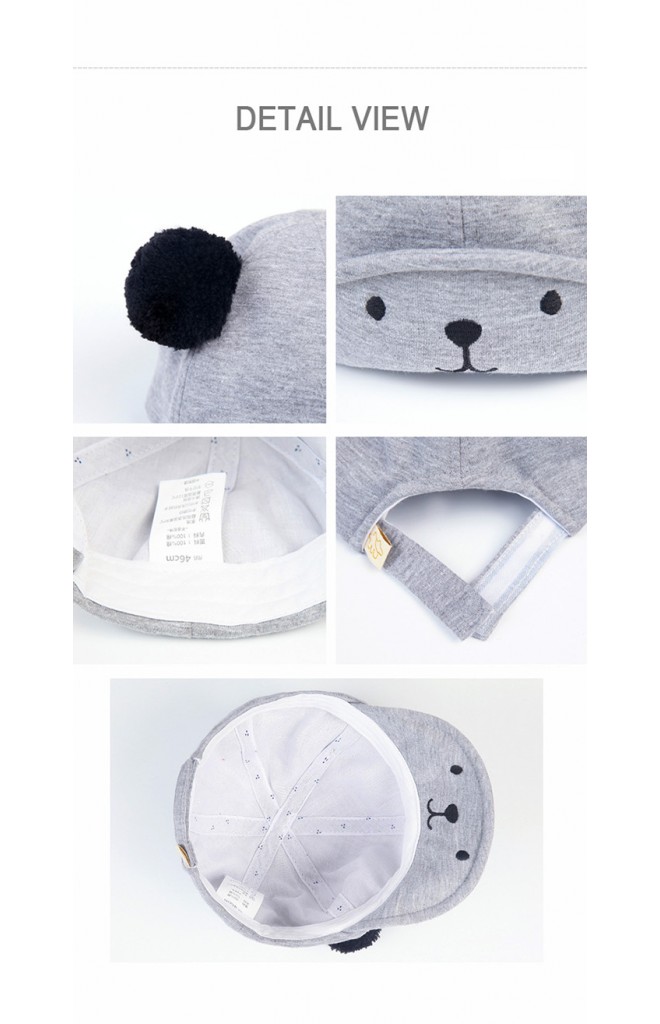 หมวกแก๊ปเด็กสีเทาแต่งปอมปอม ใต้ปีกหมวกปักหน้าหมีน้อย MILKY FRIENDS
