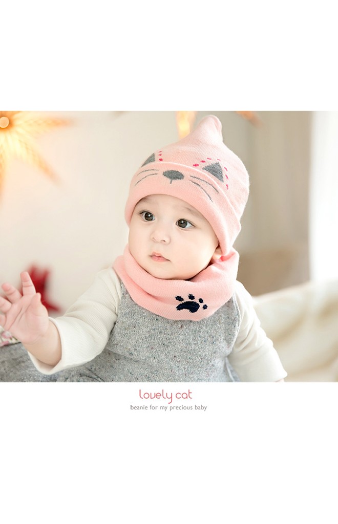 เซ็ตหมวกไหมพรมลายแมวน้อยมาพร้อมผ้าสวมคอ GZMM