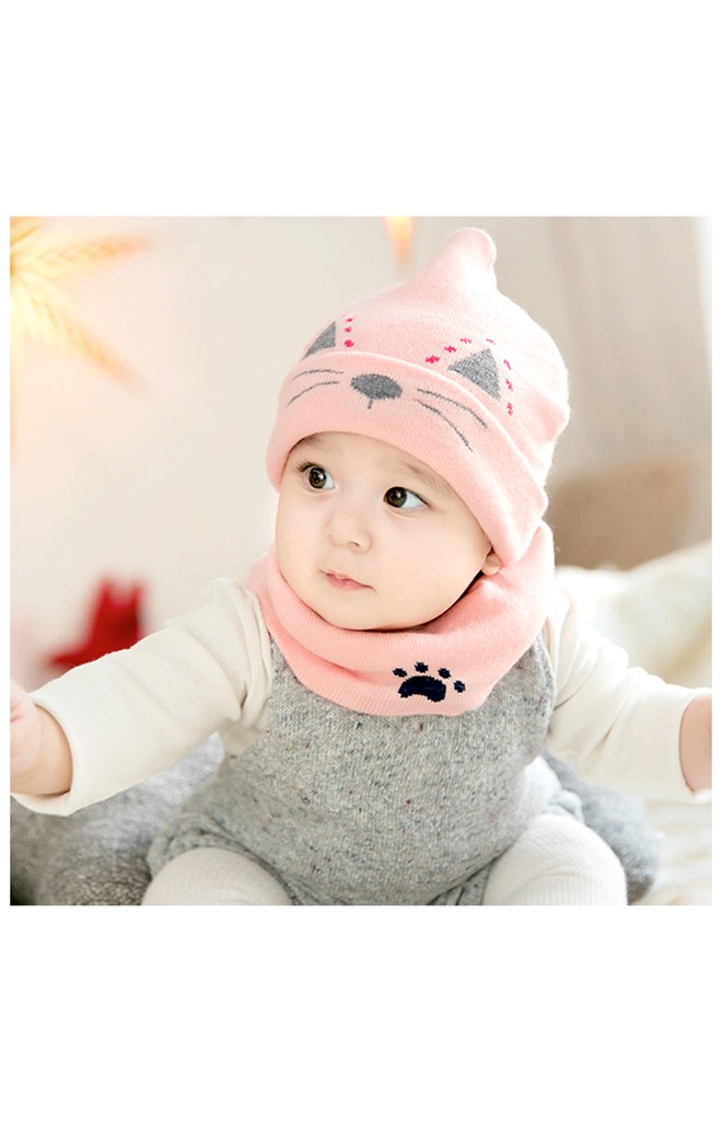 เซ็ตหมวกไหมพรมลายแมวน้อยมาพร้อมผ้าสวมคอ GZMM