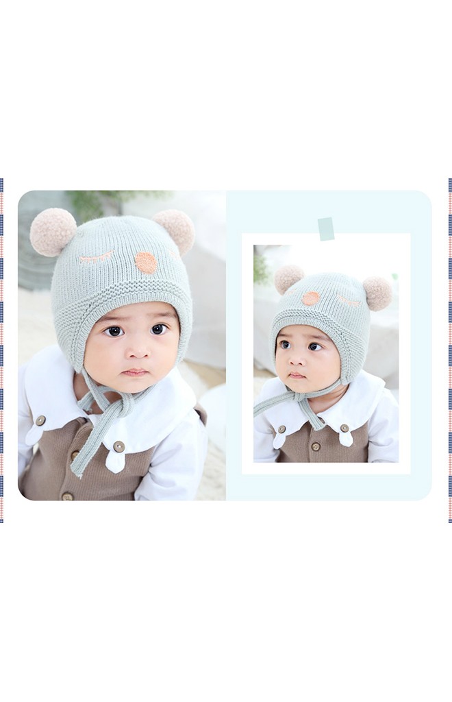 หมวกไหมพรมปักการ์ตูนหลับปุ๋ย แต่งปอม พร้อมสายใต้คาง