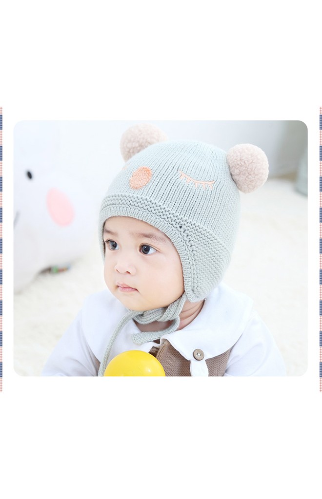 หมวกไหมพรมปักการ์ตูนหลับปุ๋ย แต่งปอม พร้อมสายใต้คาง
