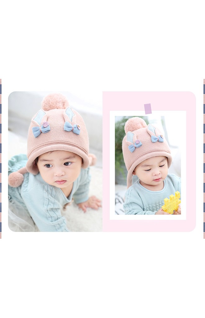 หมวกไหมพรมหูแหลมและโบว์น่ารัก พร้อมสายห้อยปอมปอม Bilamila