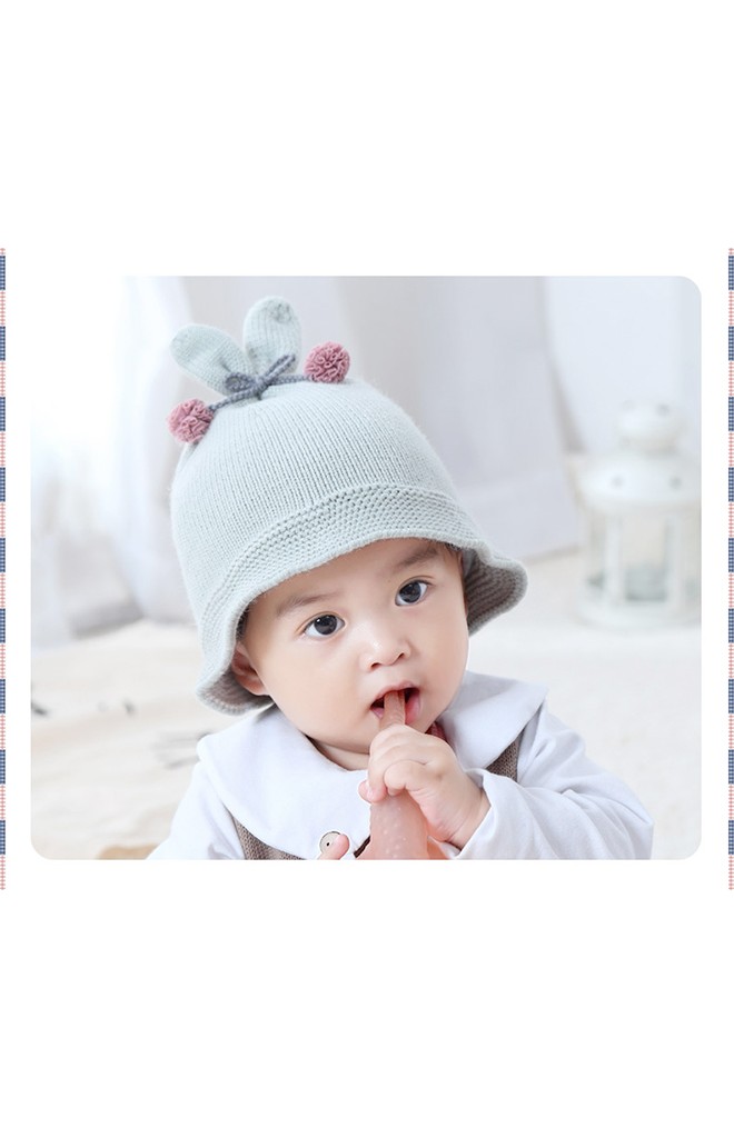 หมวกไหมพรมหูกระต่ายผูกโบว์ปอมปอมน่ารัก Bilamila