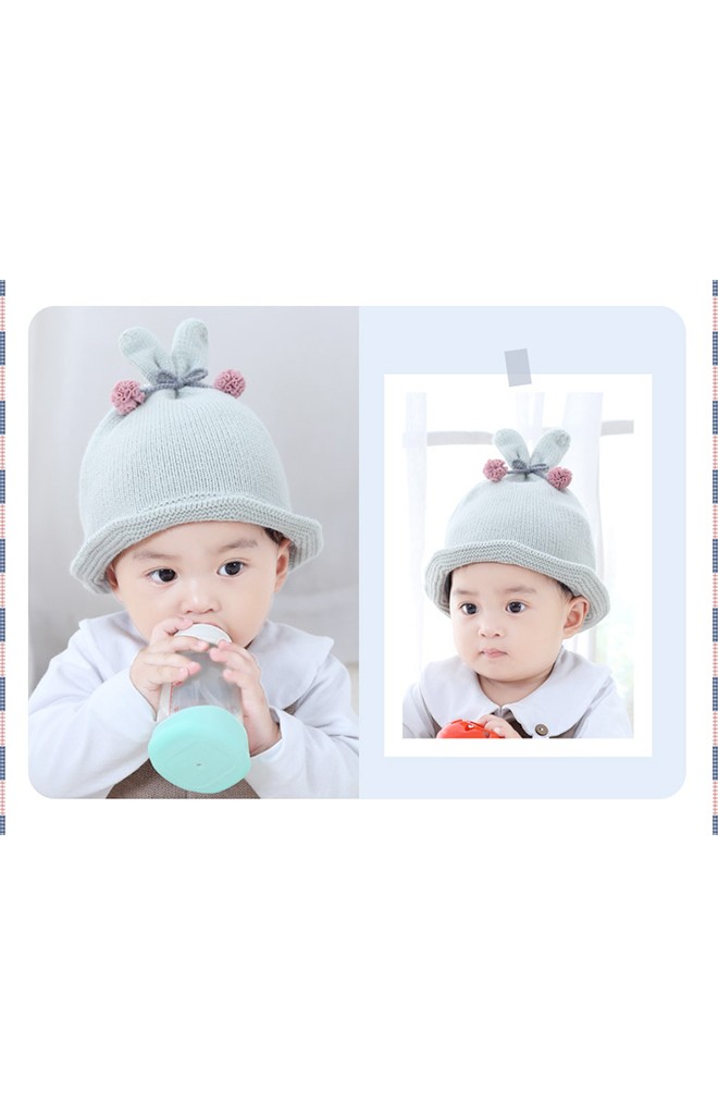 หมวกไหมพรมหูกระต่ายผูกโบว์ปอมปอมน่ารัก Bilamila