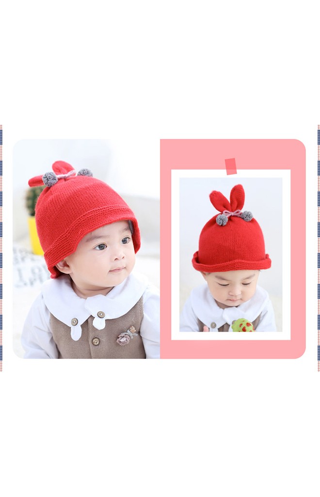 หมวกไหมพรมหูกระต่ายผูกโบว์ปอมปอมน่ารัก Bilamila