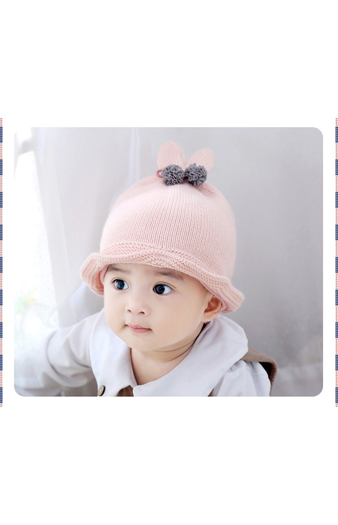 หมวกไหมพรมหูกระต่ายผูกโบว์ปอมปอมน่ารัก Bilamila