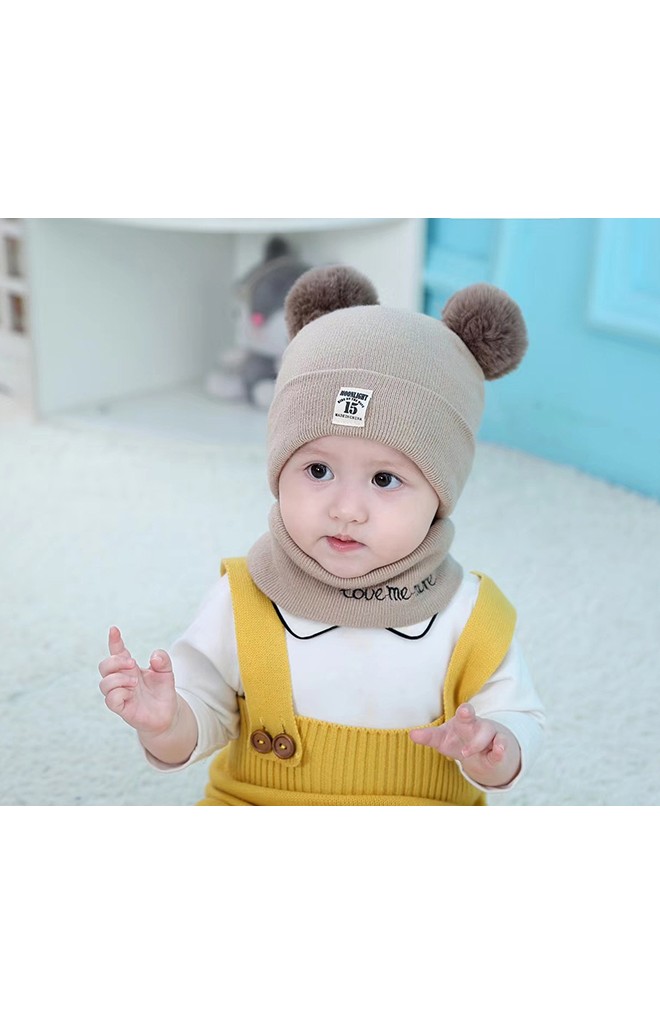 เซ็ตหมวกไหมพรมพับขอบแต่งปอม มาพร้อมผ้าสวมคอ