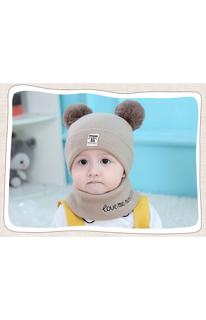 เซ็ตหมวกไหมพรมพับขอบแต่งปอม มาพร้อมผ้าสวมคอ