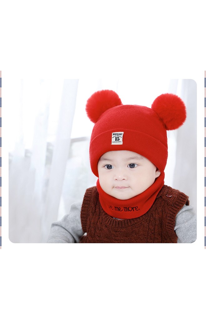 เซ็ตหมวกไหมพรมพับขอบแต่งปอม มาพร้อมผ้าสวมคอ