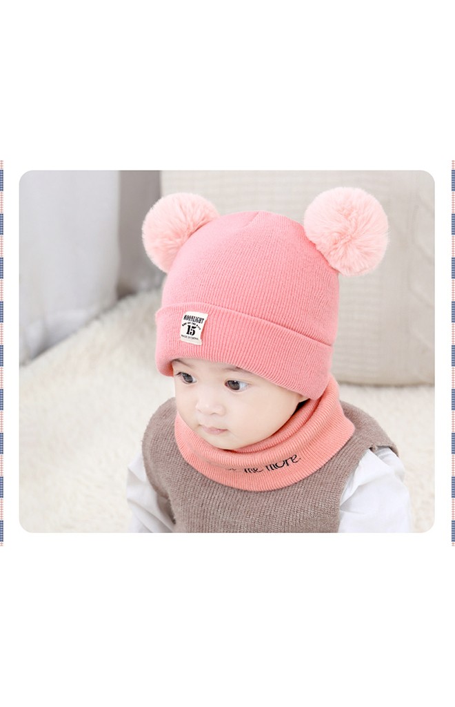 เซ็ตหมวกไหมพรมพับขอบแต่งปอม มาพร้อมผ้าสวมคอ