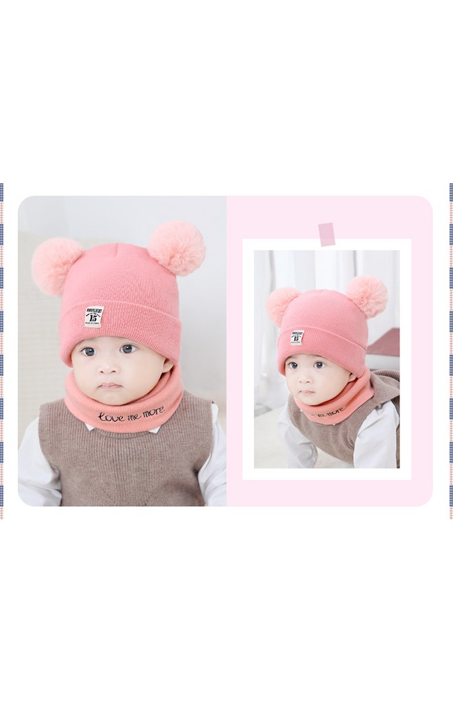 เซ็ตหมวกไหมพรมพับขอบแต่งปอม มาพร้อมผ้าสวมคอ