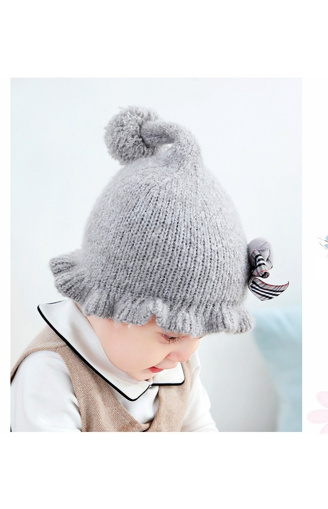 หมวกไหมพรมเด็กหญิงขอบหมวกระบาย แต่งหมีน้อยนูนน่ารัก