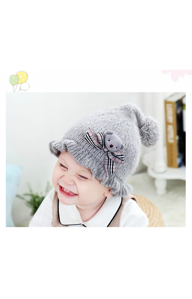 หมวกไหมพรมเด็กหญิงขอบหมวกระบาย แต่งหมีน้อยนูนน่ารัก