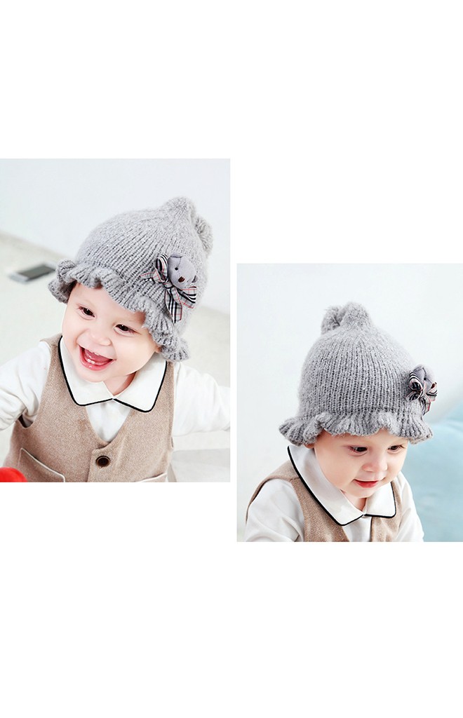 หมวกไหมพรมเด็กหญิงขอบหมวกระบาย แต่งหมีน้อยนูนน่ารัก