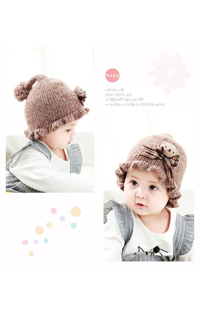 หมวกไหมพรมเด็กหญิงขอบหมวกระบาย แต่งหมีน้อยนูนน่ารัก