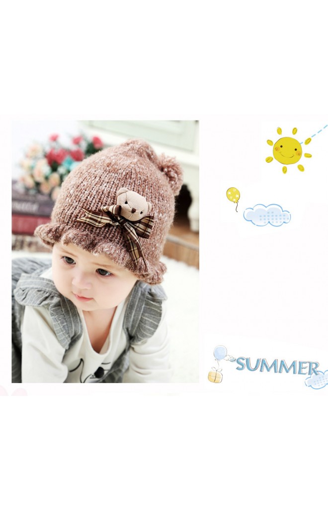 หมวกไหมพรมเด็กหญิงขอบหมวกระบาย แต่งหมีน้อยนูนน่ารัก