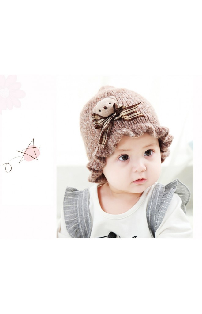 หมวกไหมพรมเด็กหญิงขอบหมวกระบาย แต่งหมีน้อยนูนน่ารัก