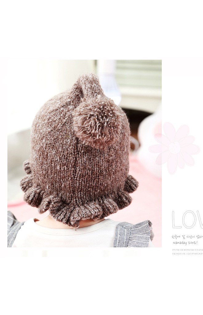 หมวกไหมพรมเด็กหญิงขอบหมวกระบาย แต่งหมีน้อยนูนน่ารัก