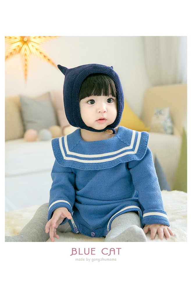 หมวกไหมพรมแมวน้อยหูตั้ง มีสายคล้องติดกระดุมใต้คาง GZMM