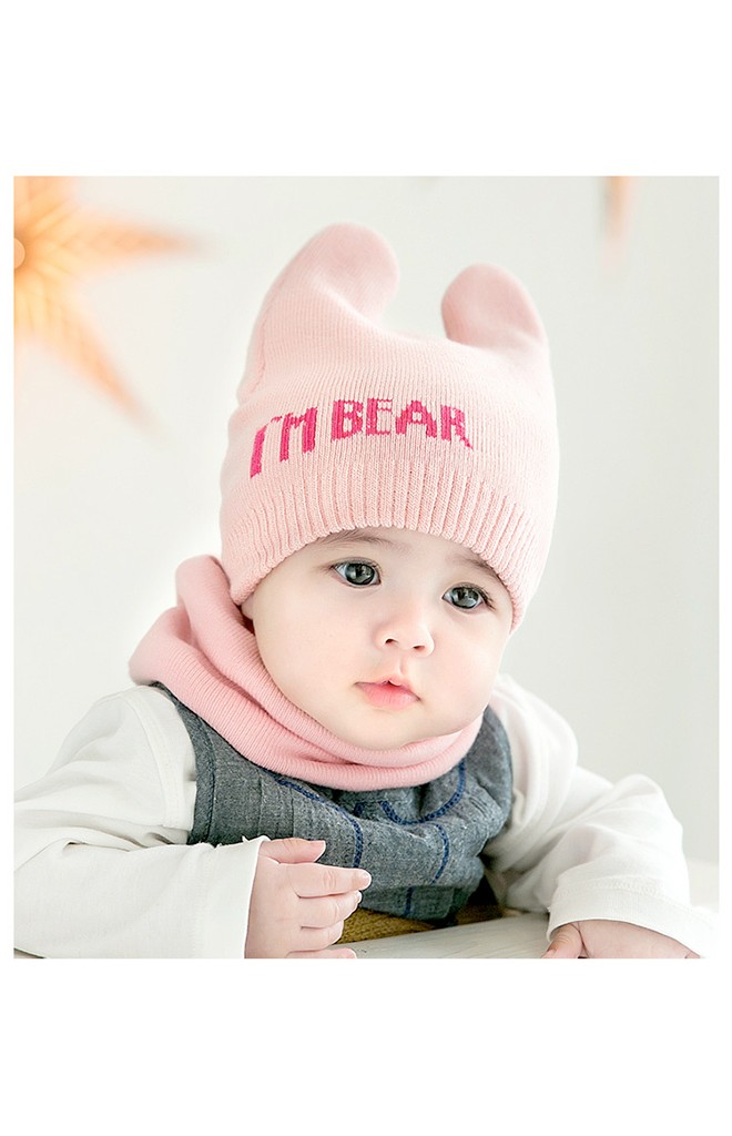 เซ็ตหมวกไหมพรมหูตั้ง อักษร I M BEAR มาพร้อมผ้าสวมคอ GZMM